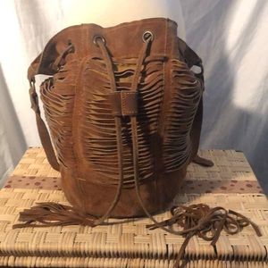 Genuine Leather Raj Suede tassel bucket hobo bag with adjustable strap